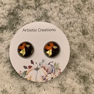Artistic Creations Black Cat Orange and Black Glass Cabashon  Earrings NWT. .50”